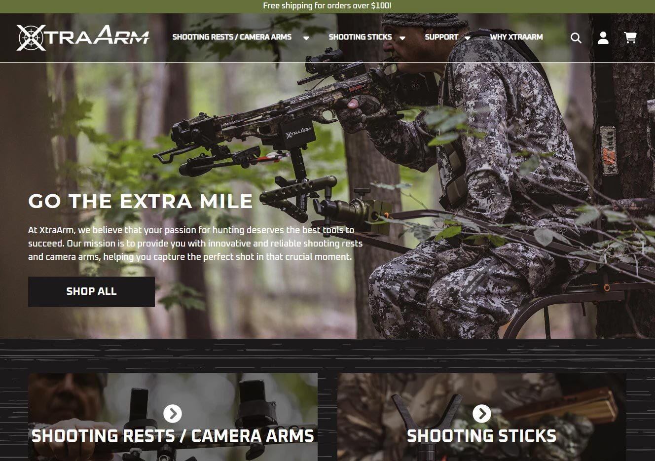XtraArm website homepage featuring hunting crossbow shooting rest and camera arm products