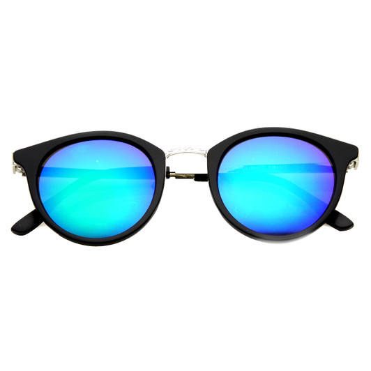 Retro Flash Mirror Horn Rimmed Metal Temple Round Sunglasses
