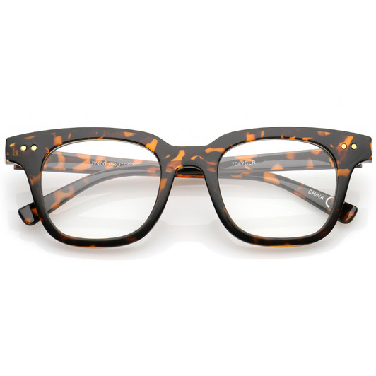 Modern Metal Rivets Square Clear Flat Lens Horn Rimmed Eyeglasses 46mm