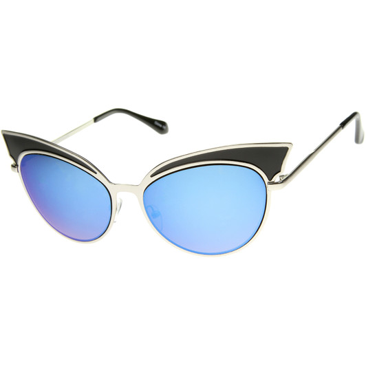 Womens Two-Tone Oversized Metal Mirrored Cat Eye Sunglasses 57mm