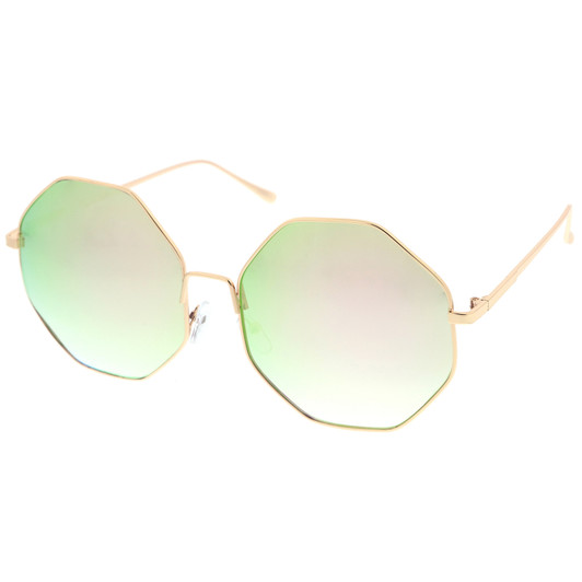 Oversize Metal Frame Slim Temple Colored Mirror Lens Hexagon Sunglasses 63mm