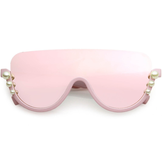 Oversize Bold Shield Semi-Rimless Embellished Pearl Accent Sunglasses