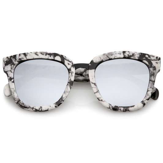 Marble Printed Metal Nose Bridge Trim Wide Temples Mirrored Flat Lens Horn Rimmed Sunglasses 50mm