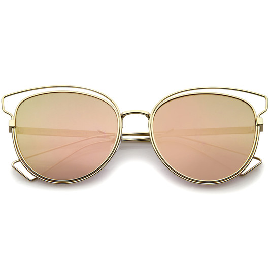 Womens Fashion Open Metal Frame Mirrored Lens Cat Eye Sunglasses 55mm