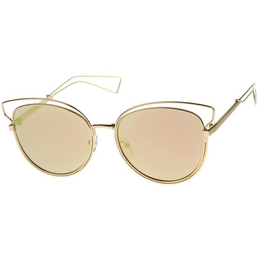 Womens Fashion Open Metal Frame Mirrored Lens Cat Eye Sunglasses 55mm