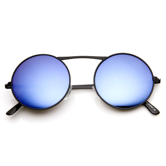 Classic Metal High Crossbar Blue Mirror Lens Round Circle Sunglasses