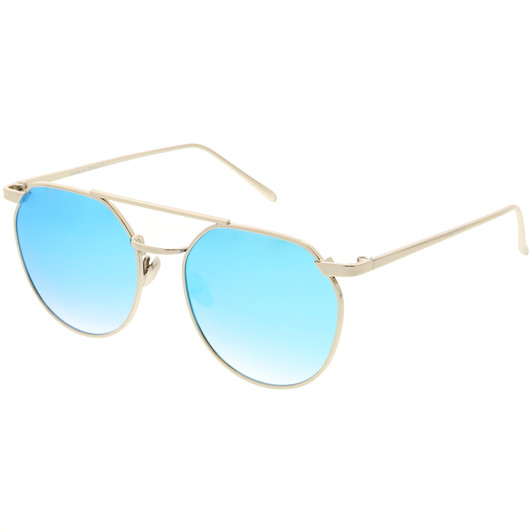 Premium Aviator Sunglasses Double Nose Bridge Colored Mirror Round Flat Lens 53mm
