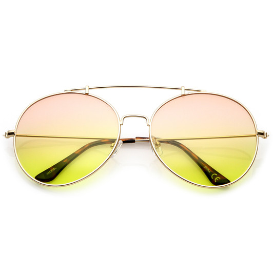 Oversize Metal Double Nose Bridge Slim Arms Gradient Round Lens Aviator Sunglasses 64mm