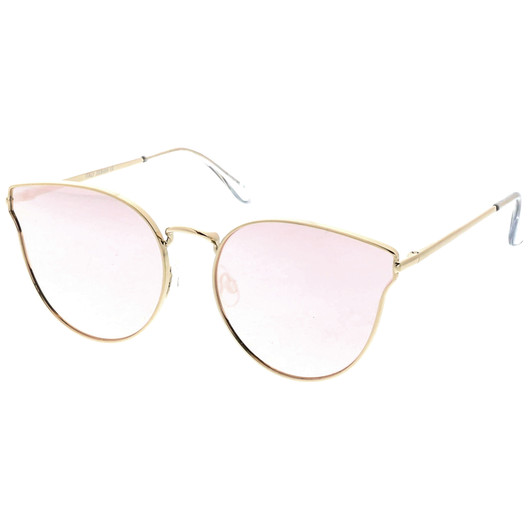 Premium Metal Cat Eye Sunglasse With Slim Arms And Round Colored Mirror Flat Lens 54mm