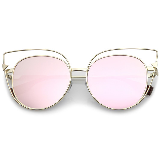 Oversize Metal Cutout Frame Arrow Accent Pink Mirror Flat Lens Cat Eye Sunglasses 57mm