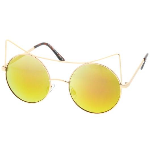 Women's Oversize Open Metal Cat Eye Sunglasses With Colored Mirror Flat Lens 54mm