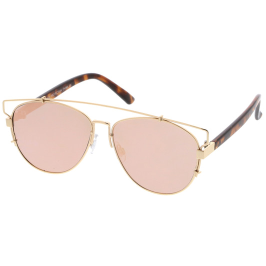 Women's Metal Crossbar Pink Mirror Flat Lens Technologic Aviator Sunglasses 55mm