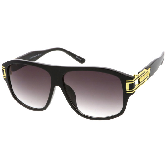 Oversize Flat Top Metal Accent Wide Temple Square Lens Aviator Sunglasses 60mm