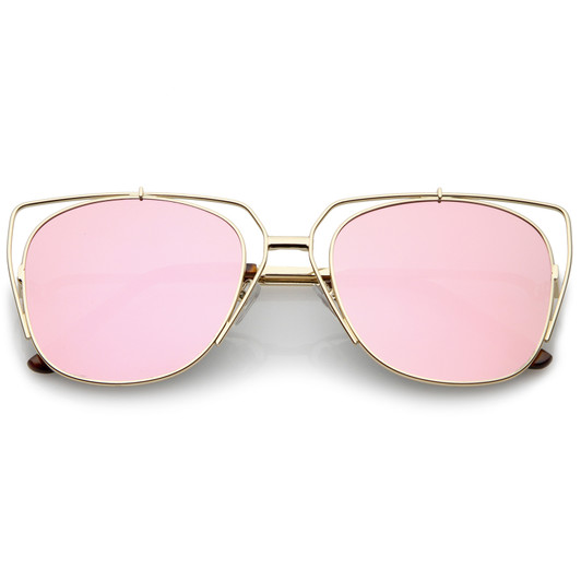 Women's Open Metal Cat Eye Sunglasses With Mirrored Flat Lens And Slim Arms 55mm