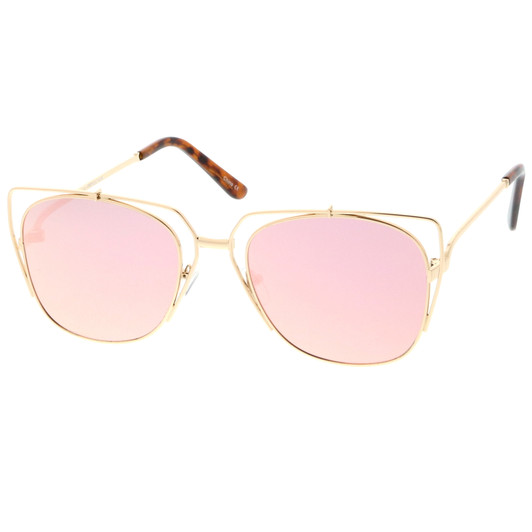 Women's Open Metal Cat Eye Sunglasses With Mirrored Flat Lens And Slim Arms 55mm