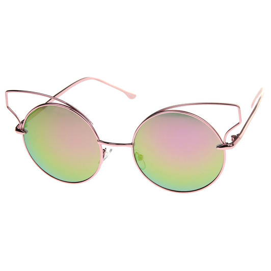 Women's Wire Open Metal Frame Color Mirror Lens Round Cat Eye Sunglasses 52mm