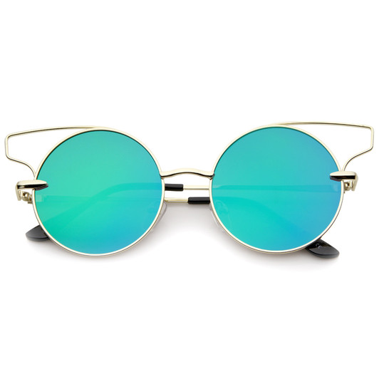 Women's Wire Open Metal Frame Color Mirror Flat Lens Round Cat Eye Sunglasses 52mm