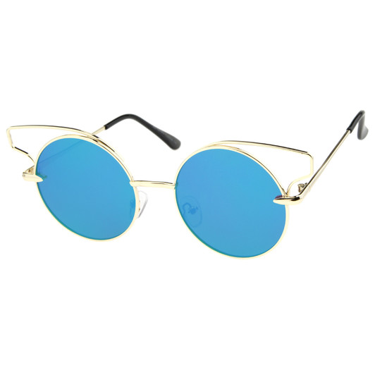 Women's Wire Open Metal Frame Color Mirror Flat Lens Round Cat Eye Sunglasses 52mm