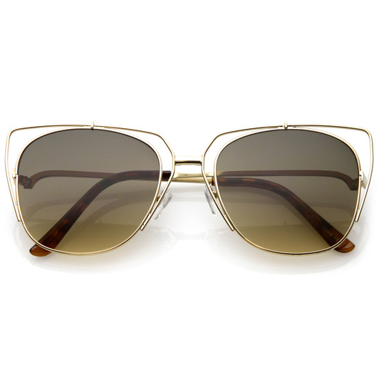 Women's Open Metal Cat Eye Sunglasses With Square Flat Lens And Slim Curved Arms