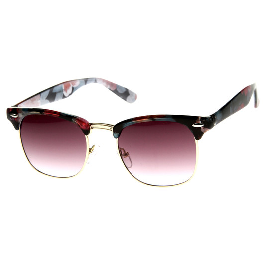 Women's Floral Printed Square Half Frame Horn Rimmed Sunglasses 50mm