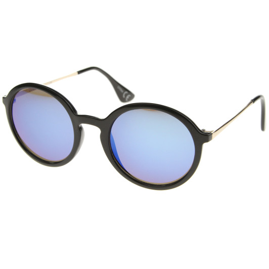 Mid Sized Modern Metal Temple Mirror Lens Round Sunglasses 49mm