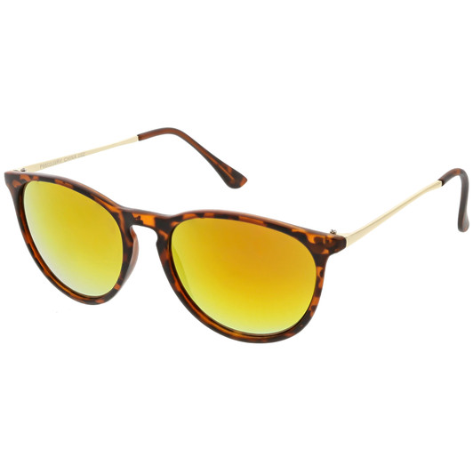 Modern Horn Rimmed Sunglasses Metal Arms Round Mirrored Lens 52mm