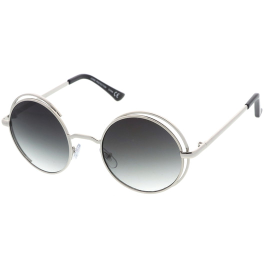 Retro Open Metal Frame Slim Temples Flat Lens Round Sunglasses 49mm