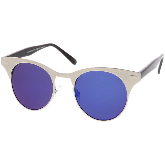 Women's Matte Finish Horn Rimmed Round Flat Mirror Lens Cat Eye Sunglasses 49mm