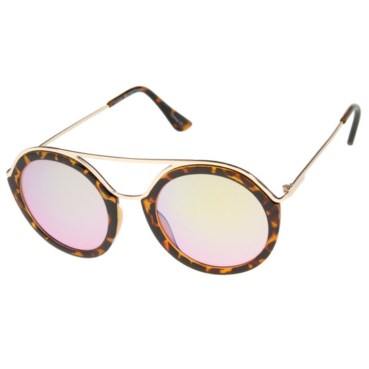 Modern Metal Double Nose Bridge Colored Mirror Lens Round Sunglasses 52mm