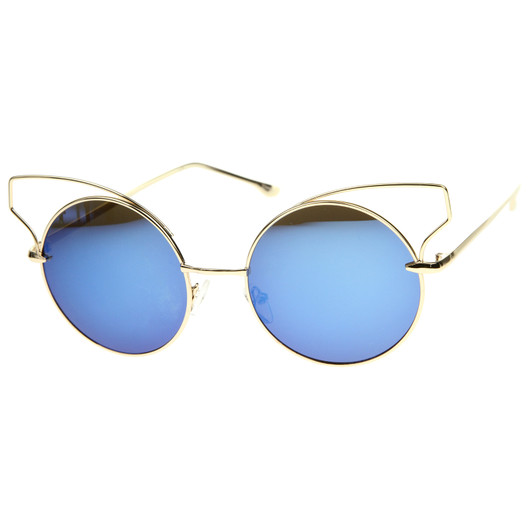 Women's Full Metal Open Design Mirrored Lens Round Cat Eye Sunglasses 55mm