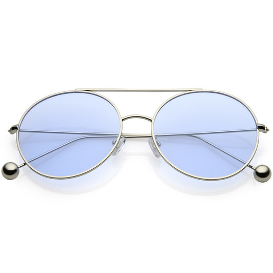 Premium Oversize Round Sunglasses Metal Double Nose Bridge Color Flat Lens 59mm