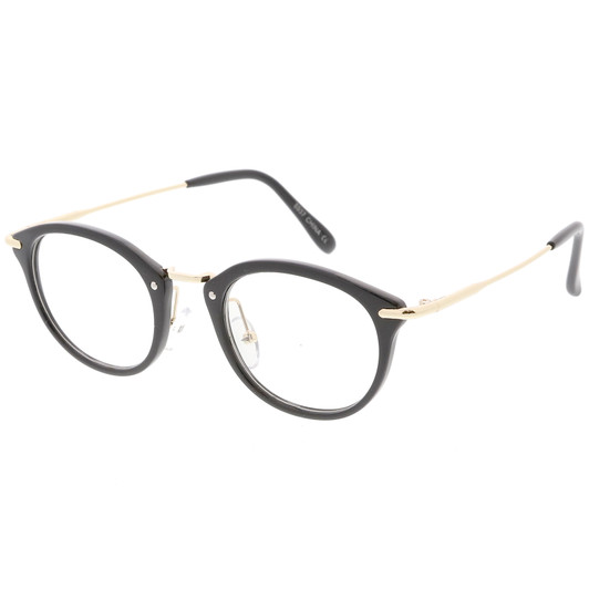 Classic Horn Rimmed Round Eyeglasses Thin Metal Arms Clear Lens 47mm