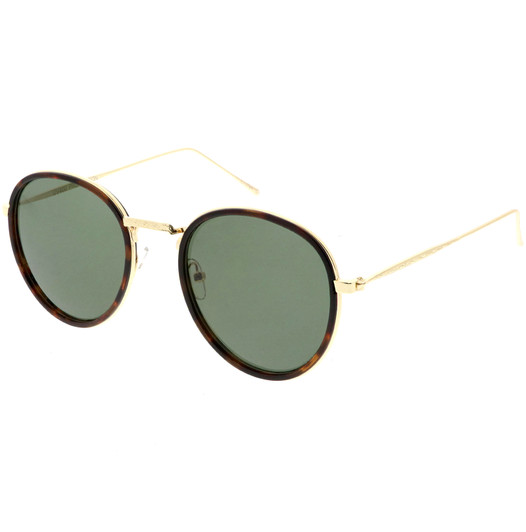 Modern Round Sunglasses Engraved Slim Metal Arms Neutral Color Flat Lens