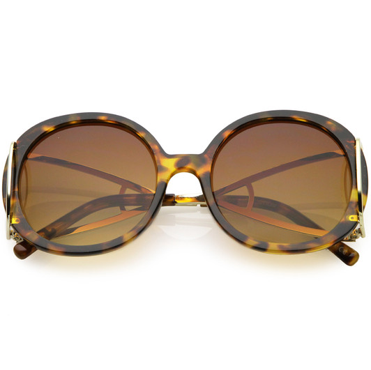 Women's Chunky Round Sunglasses Open Metal Arms Neutral Colored Lens 55mm