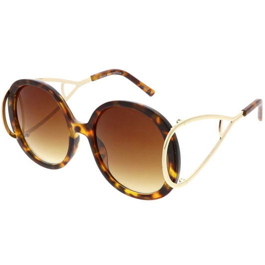 Women's Chunky Round Sunglasses Open Metal Arms Neutral Colored Lens 55mm