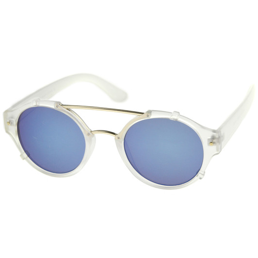 Modern Matte Finish Double Crossbar Mirrored Lens P3 Round Sunglasses 49mm