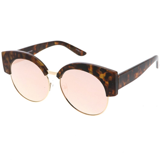 Women's Half Frame Oversize Cat Eye Sunglasses Round Mirrored Flat Lens 59mm