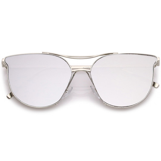 Modern Metal Cat Eye Sunglasses With Double Nose Bridge Round Mirrored Flat Lens 55mm