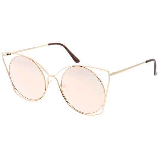 Oversize Slim Metal Cutout Cat Eye Sunglasses With Round Mirrored Flat Lens 58mm