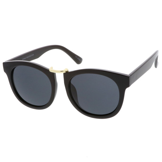 Classic Metal Nose Bridge Round Lens Horn Rimmed Sunglasses 52mm