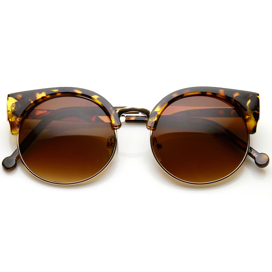 Classic Round Half Frame Metal Temple Circle Cat Eye Sunglasses