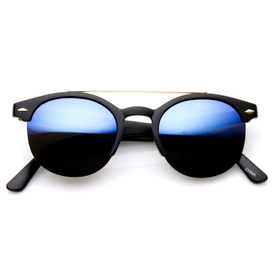Double Bridge Half Frame Keyhole Flash Lens Round Sunglasses