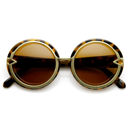 Womens Oversize Metal Trim High Fashion Round Sunglasses