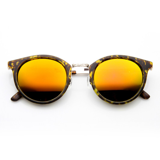 Retro P-3 Metal Temple Color Flash Mirror Lens Round Sunglasses