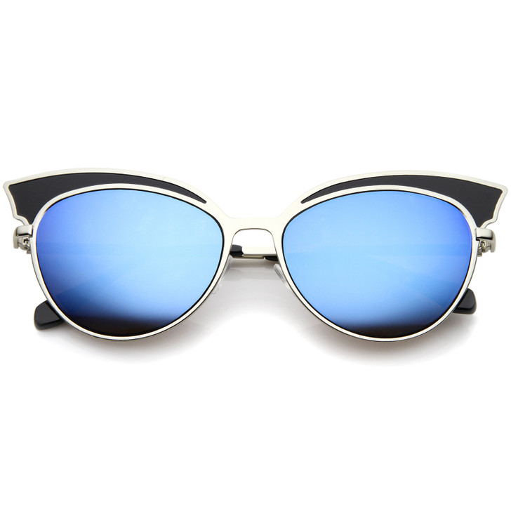 Womens Two-Tone Oversized Metal Mirrored Cat Eye Sunglasses 57mm