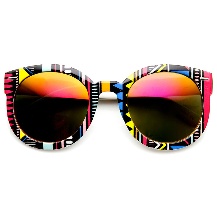 Womens Oversized Native Print Color Mirror Lens Round Sunglasses