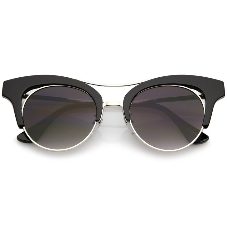 Women's Oversize Cutout Metal Brow Bar Round Flat Lens Cat Eye Sunglasses 51mm