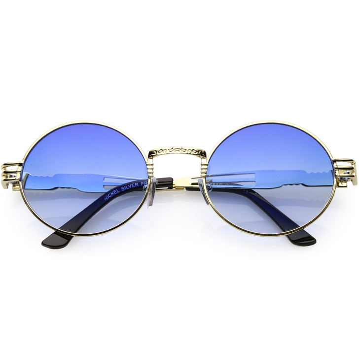 Steampunk Inspired Oval Sunglasses Unique Engraved Metal Detail Color Tinted Lens 60mm