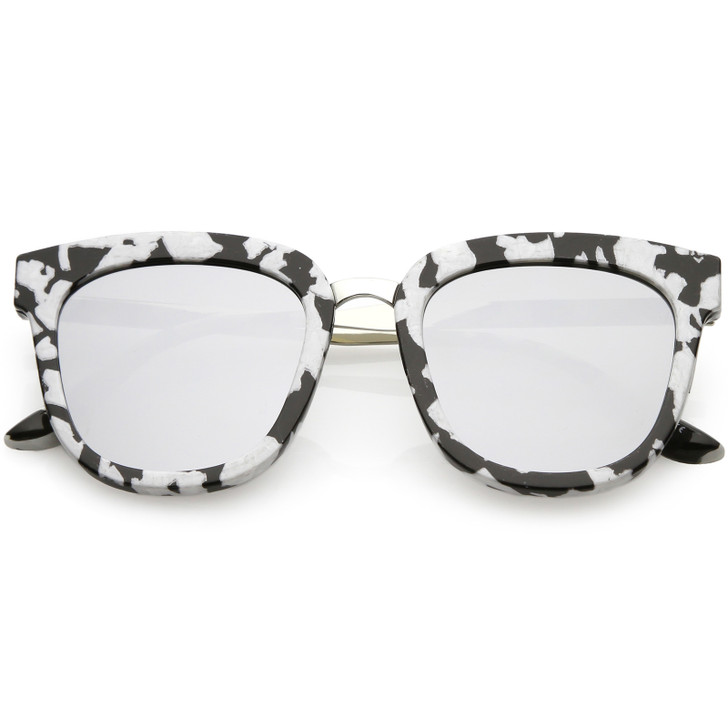Marble Printed Horn Rimmed Sunglasses Metal Nose Bridge Colored Mirror Square Flat Lens 49mm