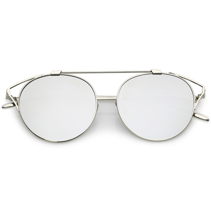 Modern Metal Cutout Cat Eye Sunglasses With Crossbar Round Mirrored Flat Lens 55mm